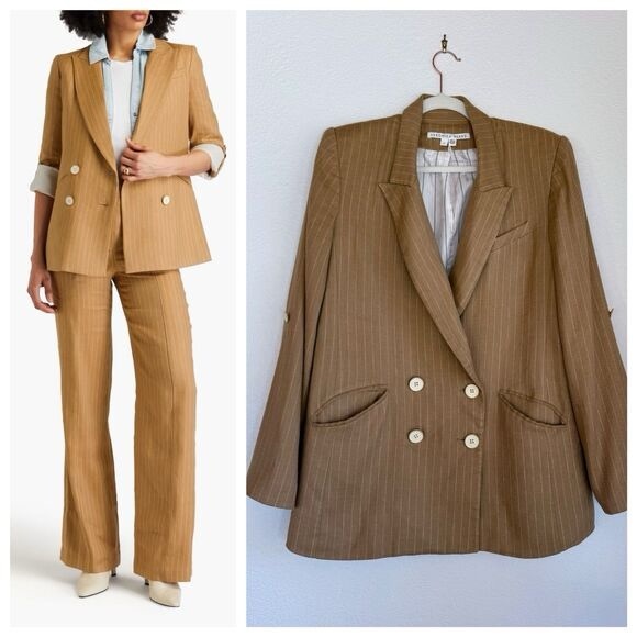 Veronica Beard Parineti Pinstripe Linen-Blend Twill Dickey Jacket in Camel Sz 4